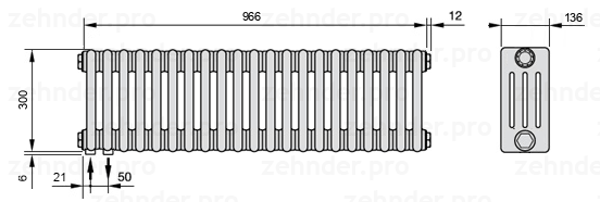 Схема (чертеж) Радиатор Zehnder Charleston 4030/21 №3370 Белый глянцевый RAL 9016